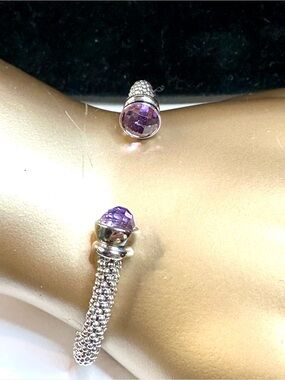 Gabrielle Bruni 925 Sterling Silver Torque Amethyst Cuff Bracelet 6.75” Lot 2749